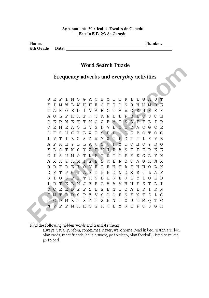 Word Search Puzzle Frequency Adverbs