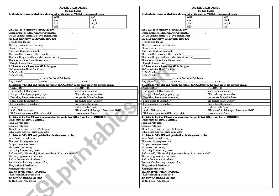 Hotel California  worksheet