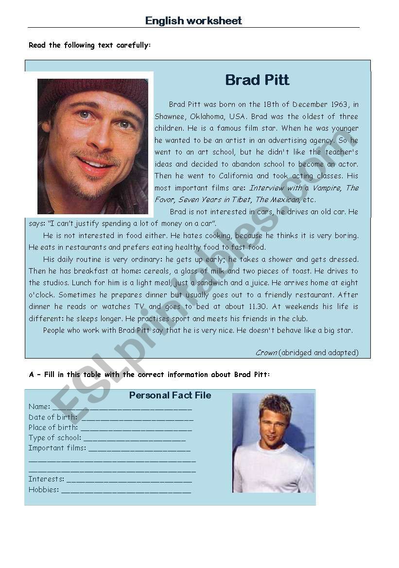 Brad Pitt worksheet