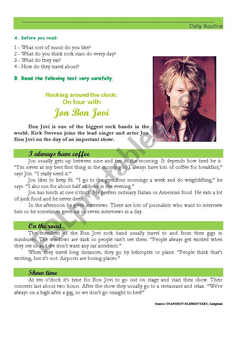 Jon Bon Jovi - daily routine worksheet