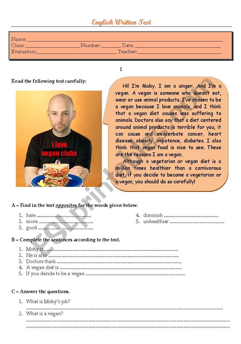 Test Moby - vegans worksheet