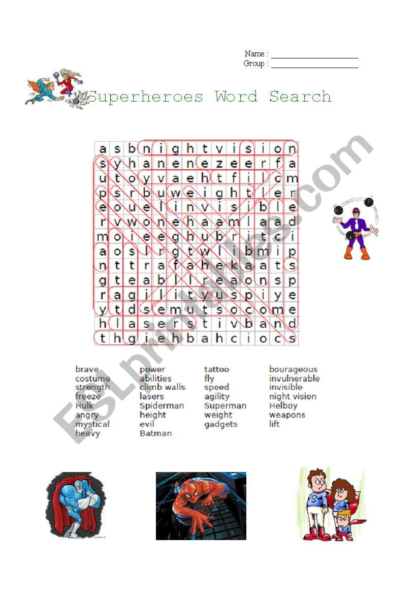 Superheroes Word Search correction key