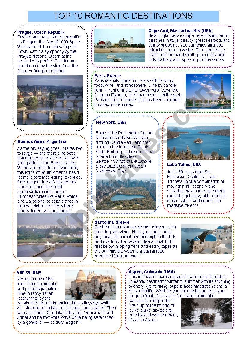 Top ten romantic destinations - ESL worksheet by naron