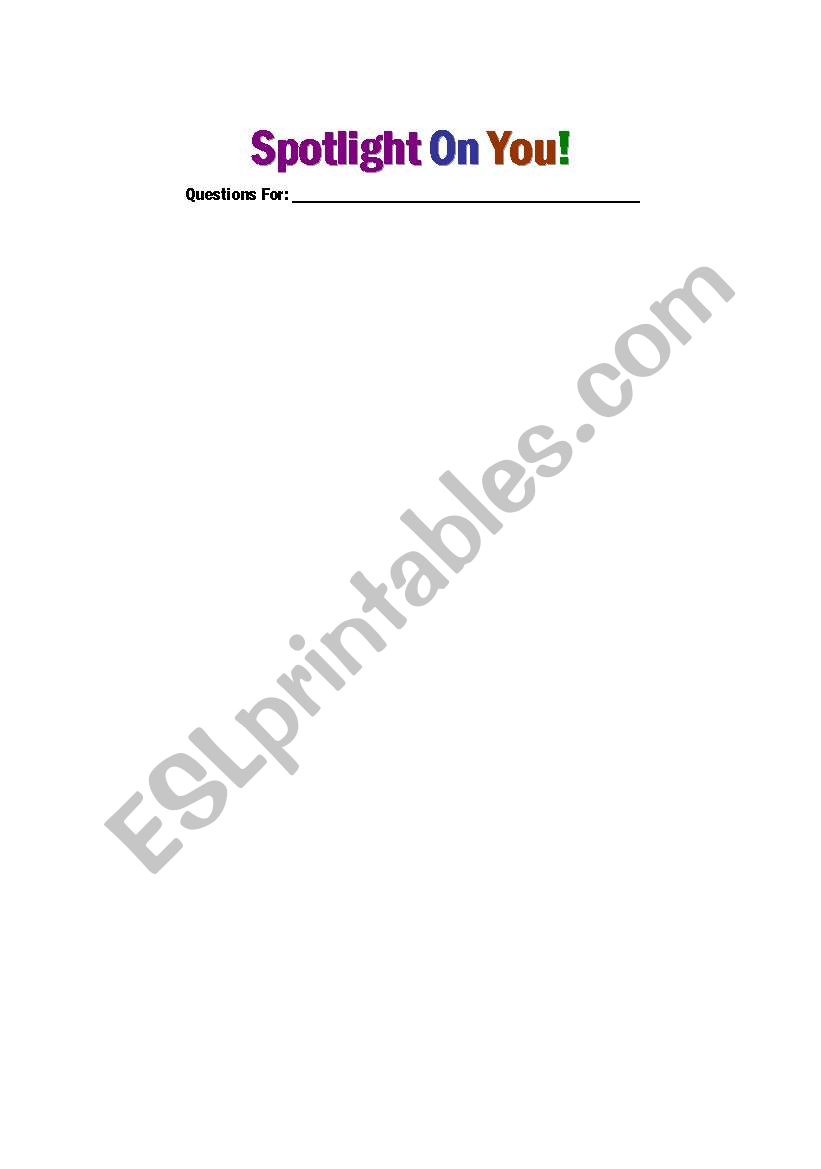 Spotlight On You worksheet