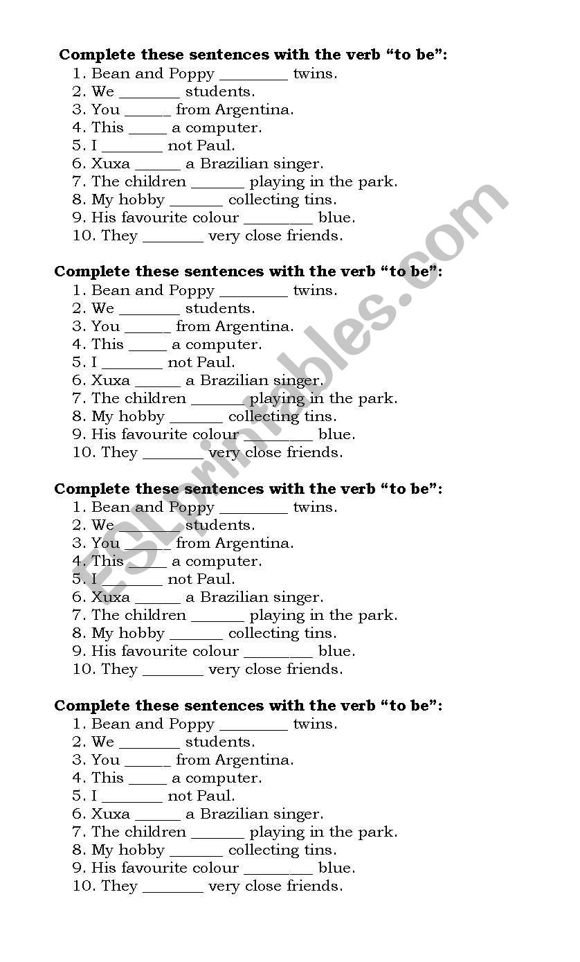 Complete With The Correct Form Of The Verb To Be Esl Worksheet By Artcris