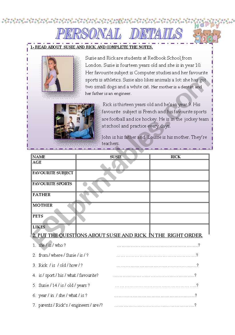 PERSONAL DETAILS worksheet