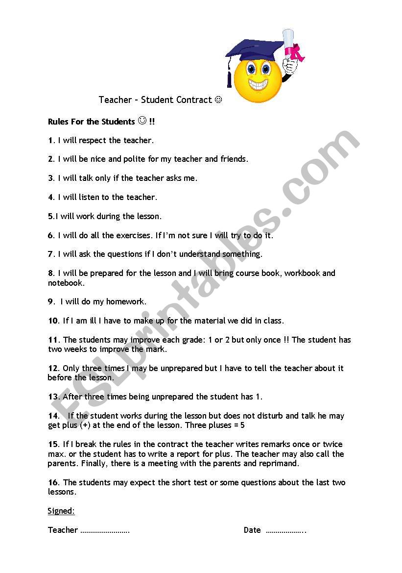 teacher-student contract worksheet