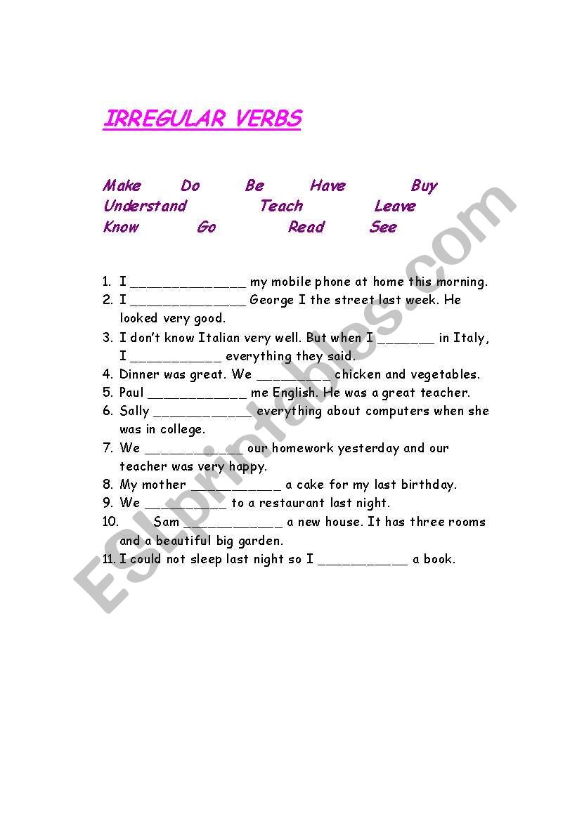 irregular verbs worksheet