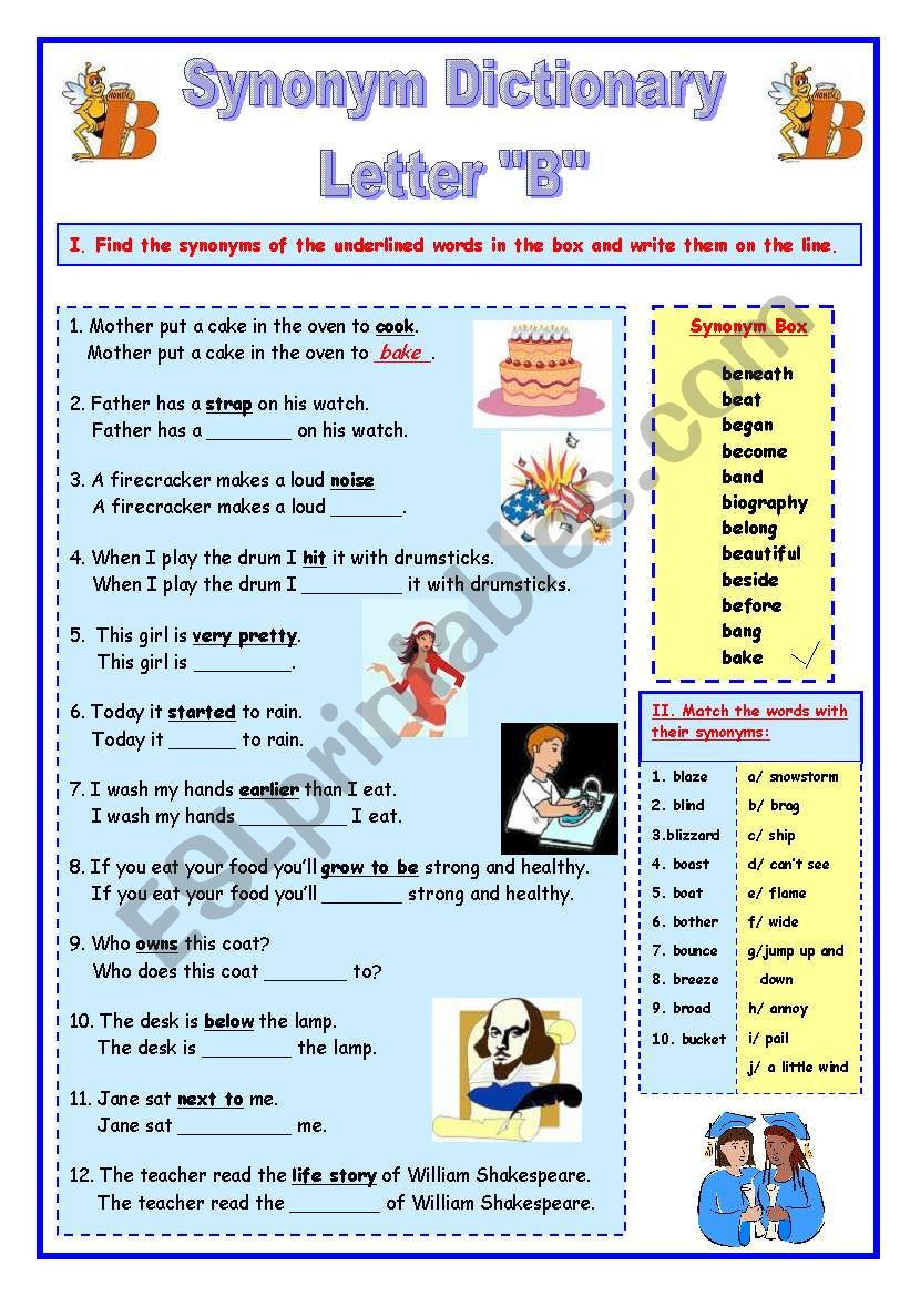 Synonym Dictionary, Letter B worksheet