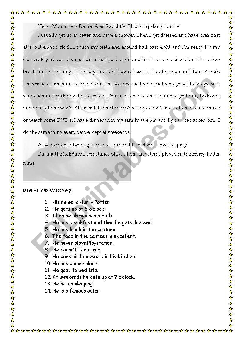 daniel radcliffe´s routine worksheet