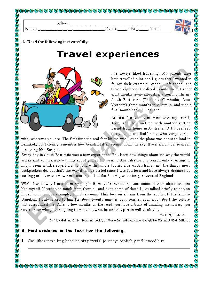 TRAVEL EXPERIENCES worksheet