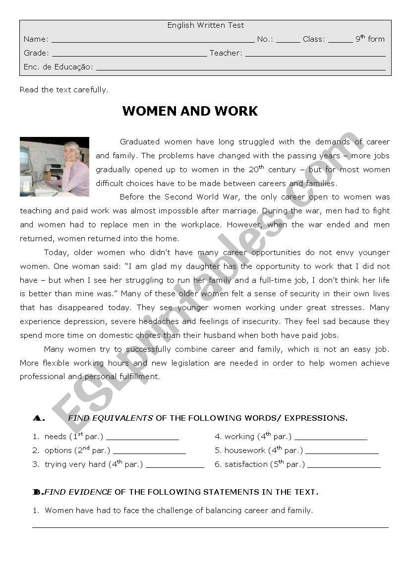 Women and Work worksheet