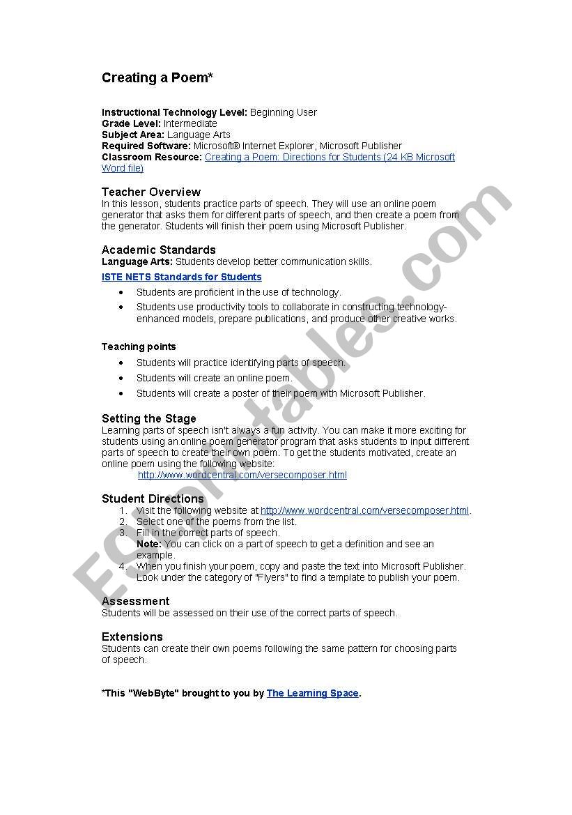 Writing a Poem worksheet