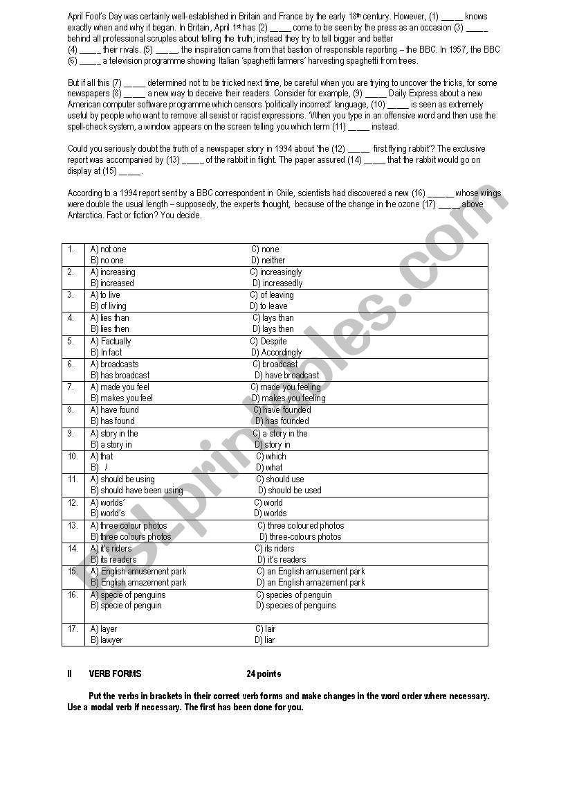 test worksheet