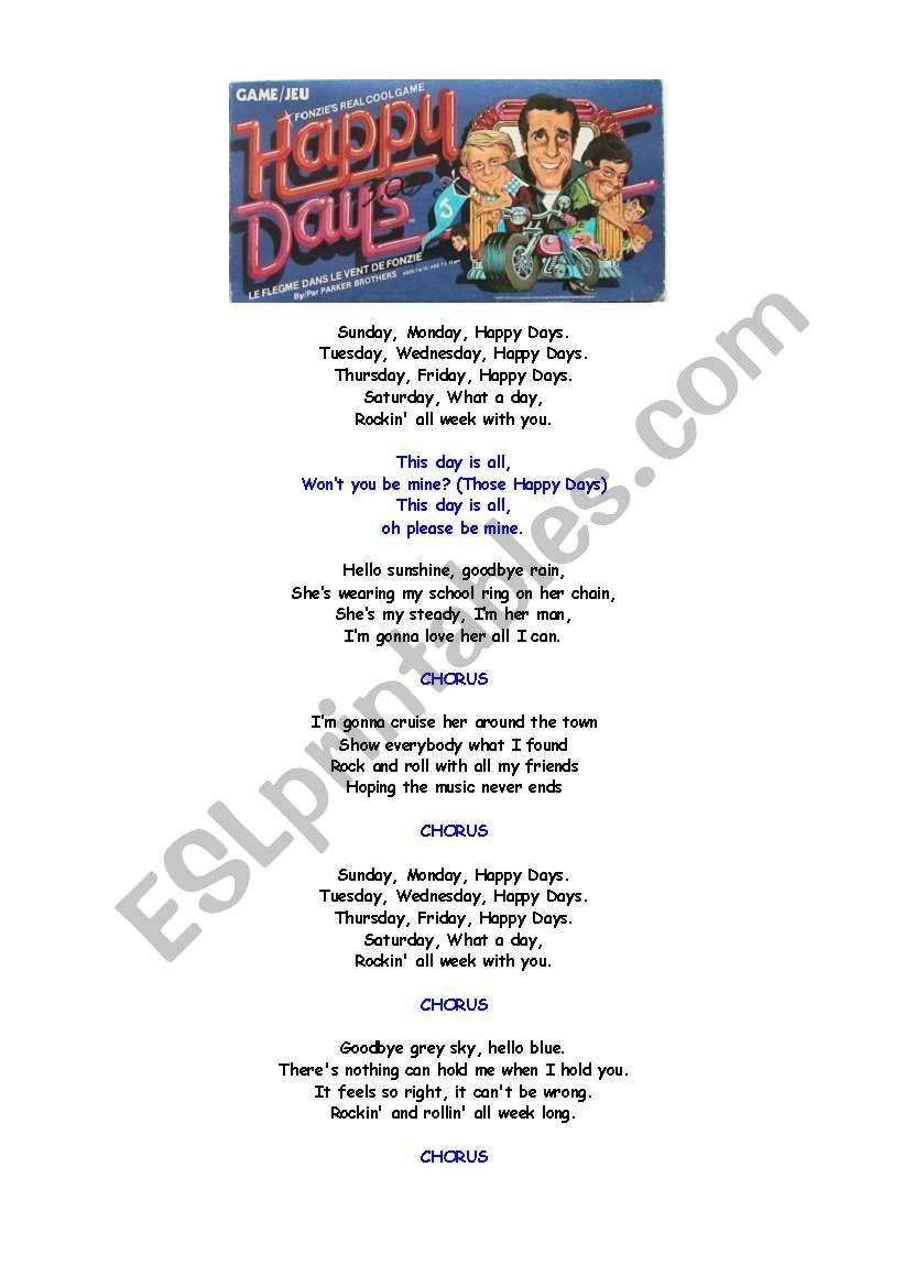 Happy Days Theme Song worksheet