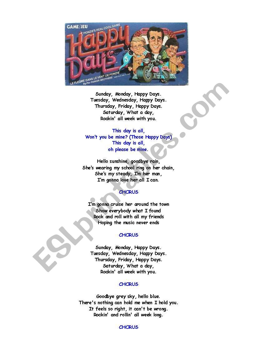 English Worksheets Happy Days Theme Song