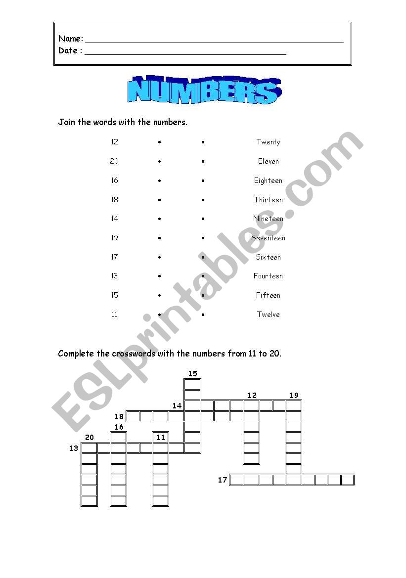 Numbers 11 to 20 worksheet