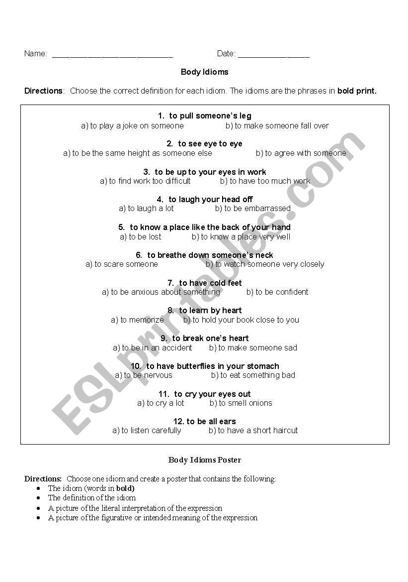 Body Language Idioms worksheet