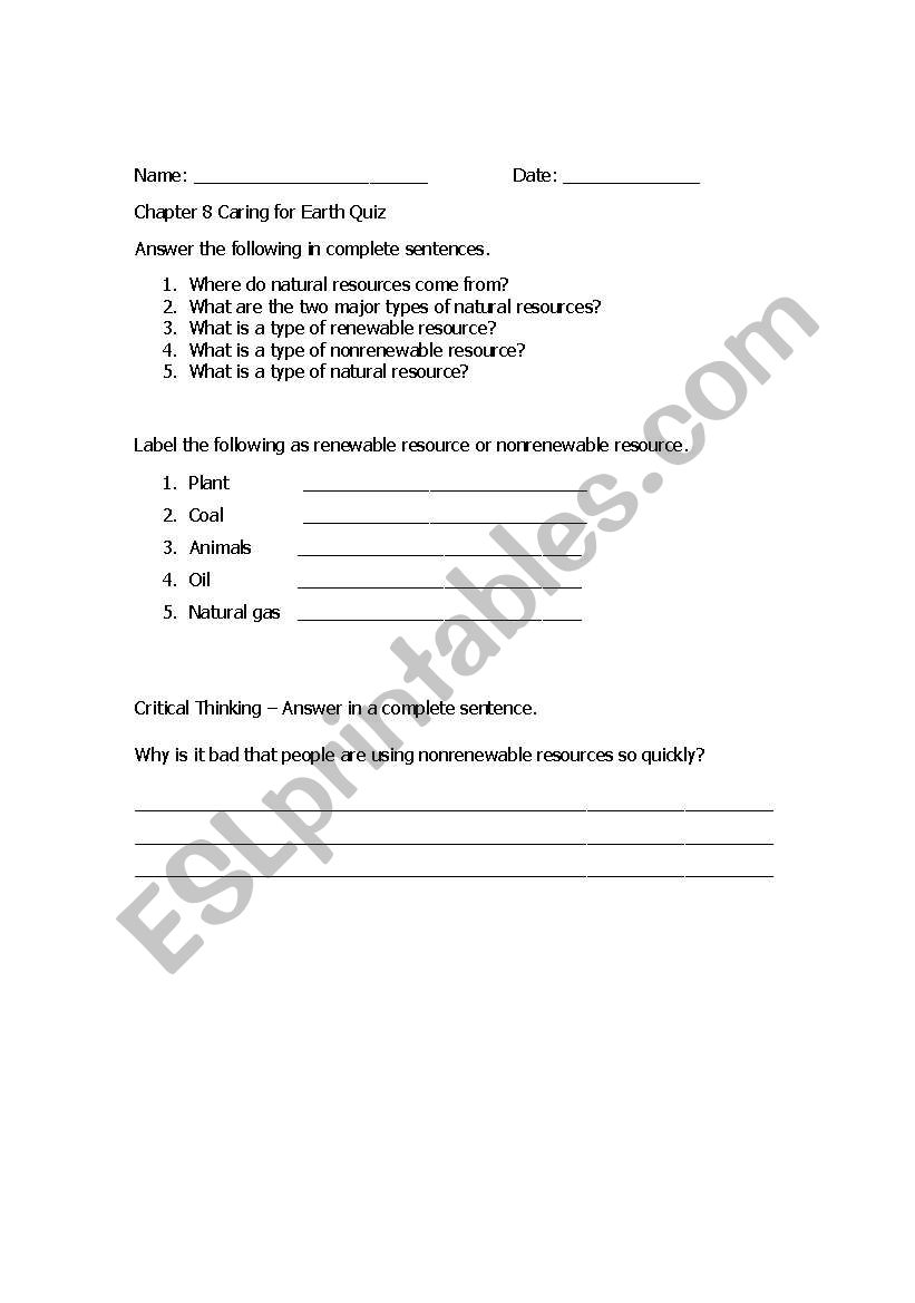 Natural Resources Quiz / Review Worksheet