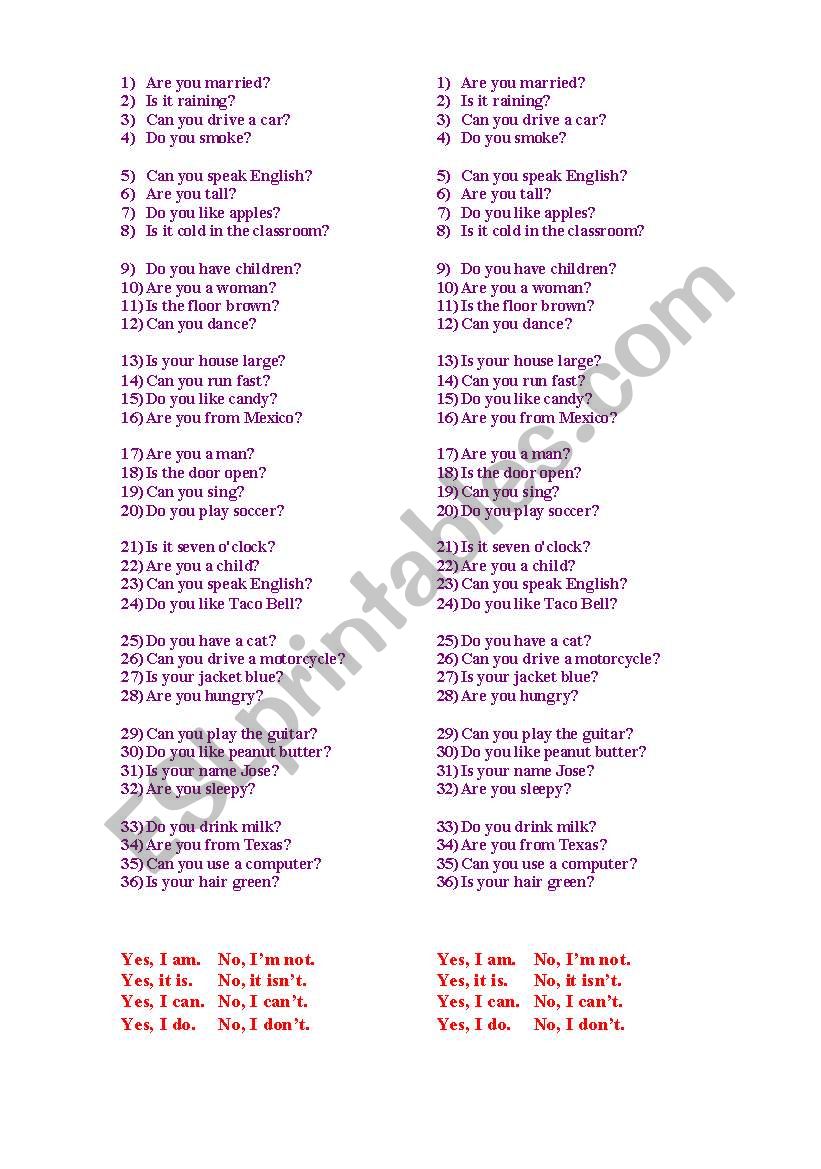 Questions with Be, Do and Can worksheet