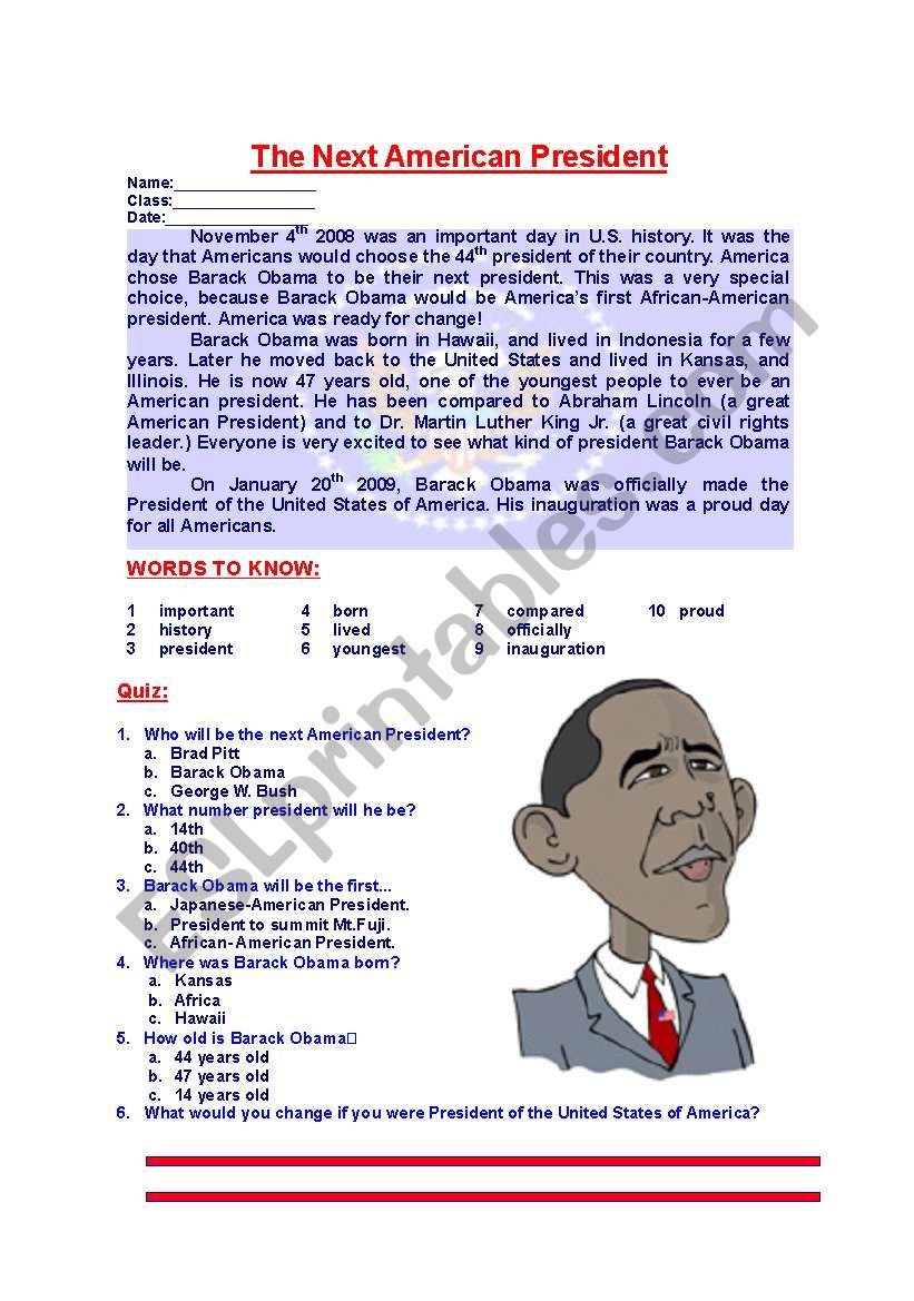 The Next American President worksheet