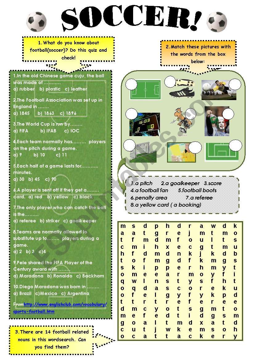 SOCCER! - vocabulary and reading comprehension set ( 3 pages + answer keys)