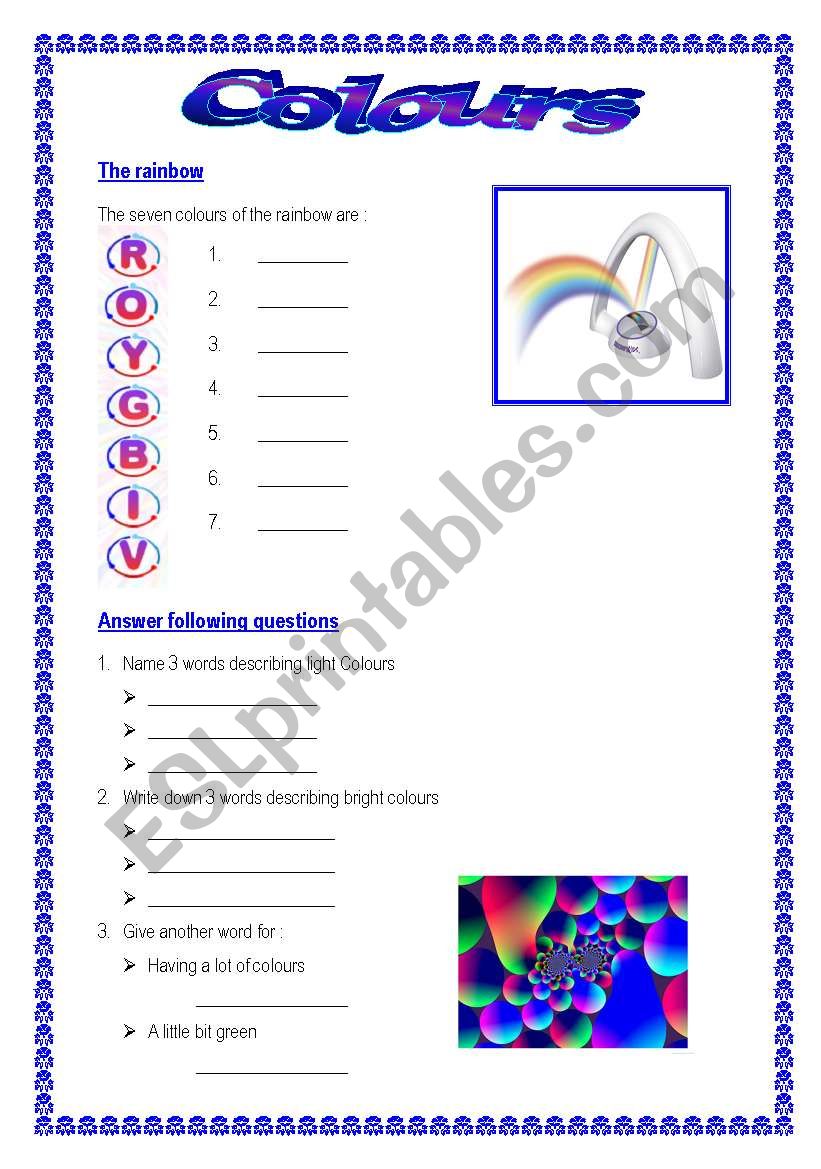 Colours (4 pages activities/exercises different level) Part 1 (of 2)