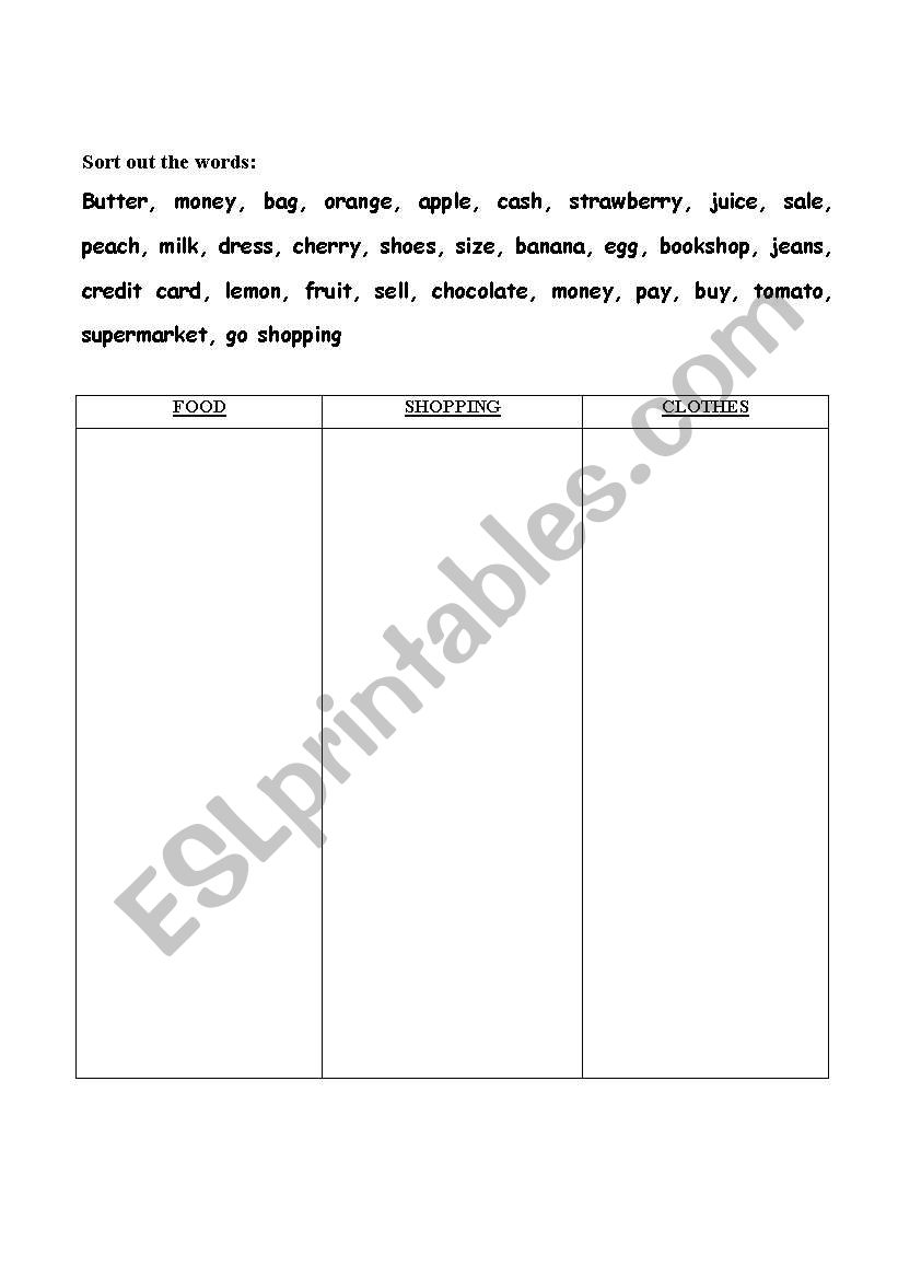 Shopping vocabulary worksheet