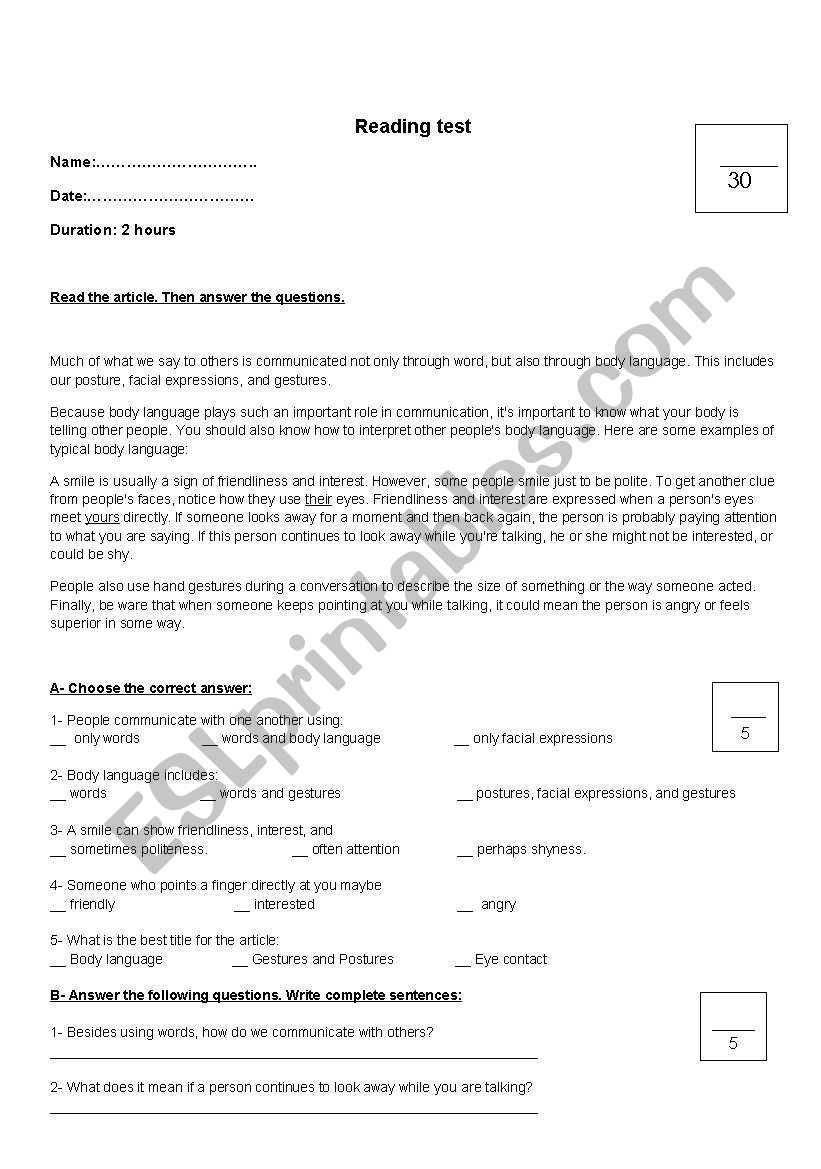 Reading test worksheet