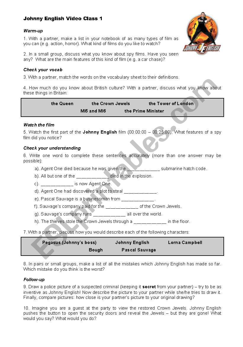 Johnny English Video Class Worksheet 1 of 3