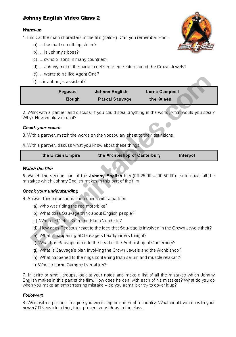 Johnny English Video Class Worksheet 2 of 3