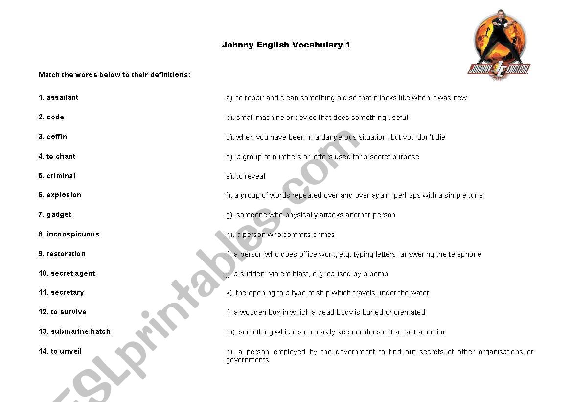 Johnny English Video Class Vocabulary Sheet 1 of 3