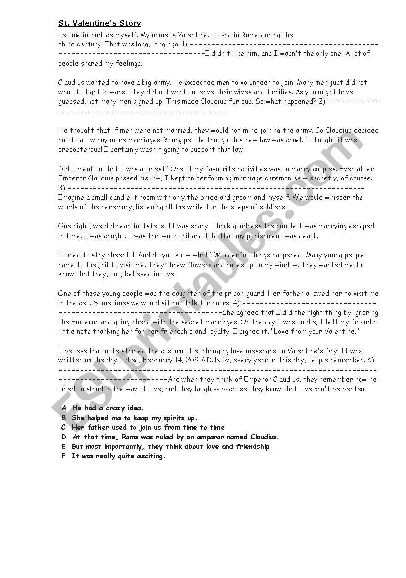 ST. VALENTINES DAY worksheet