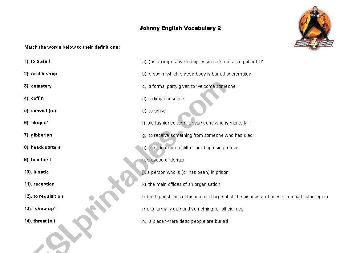 Johnny English Video Class Vocabulary Sheet 2 of 3