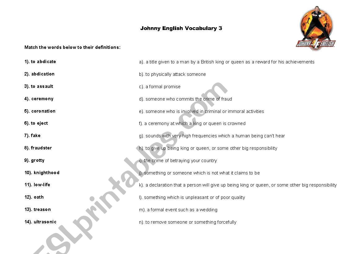 Johnny English Video Class Vocabulary Sheet 3 of 3