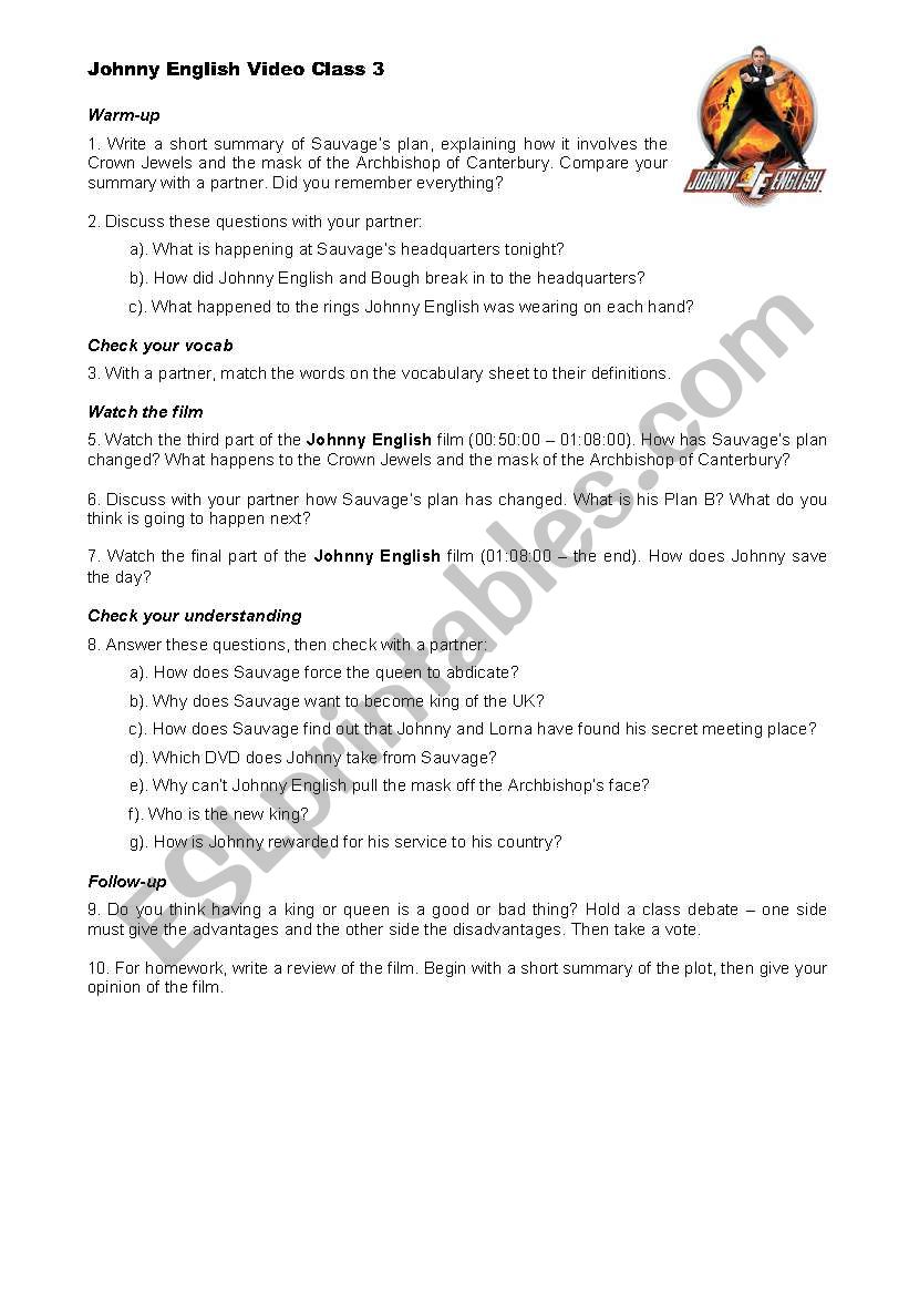 Johnny English Video Class Worksheet 3 of 3