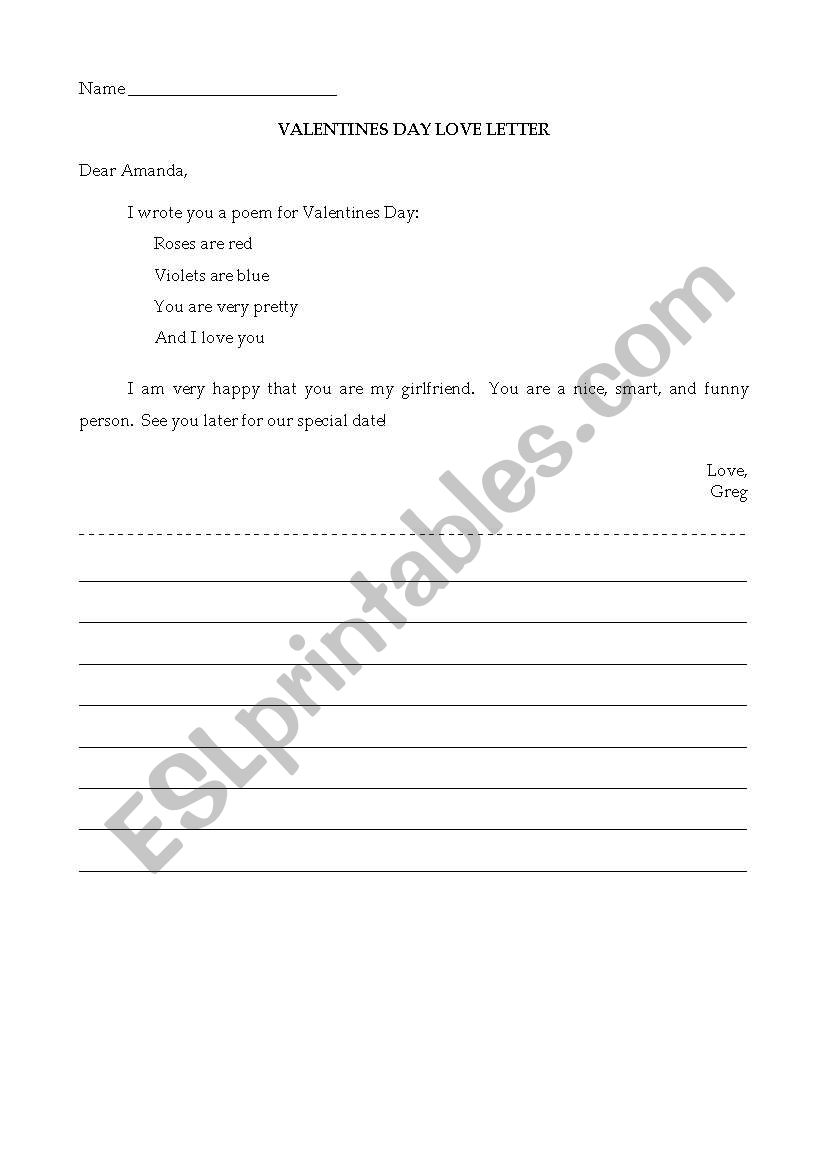 Valentines Day love letter worksheet