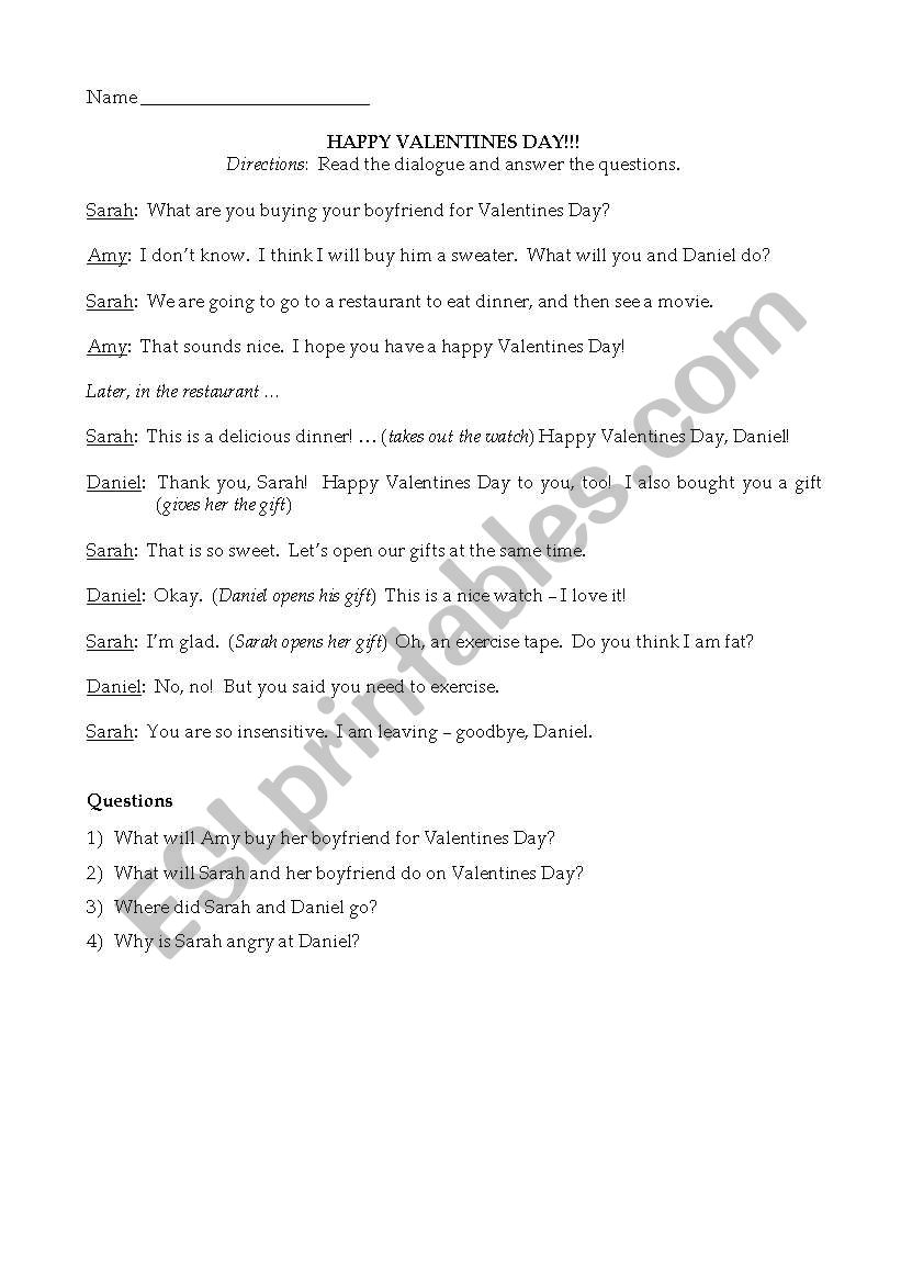 Valentines Day dialogue worksheet