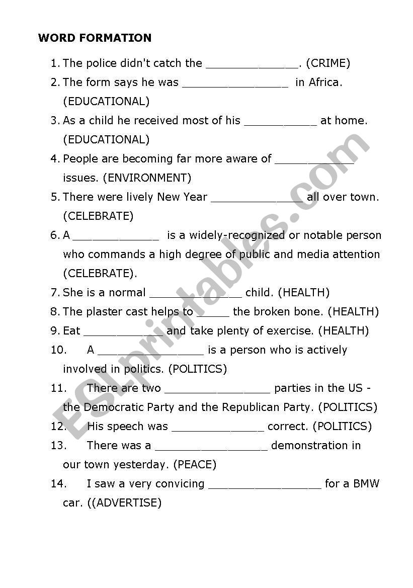 Word formation worksheet