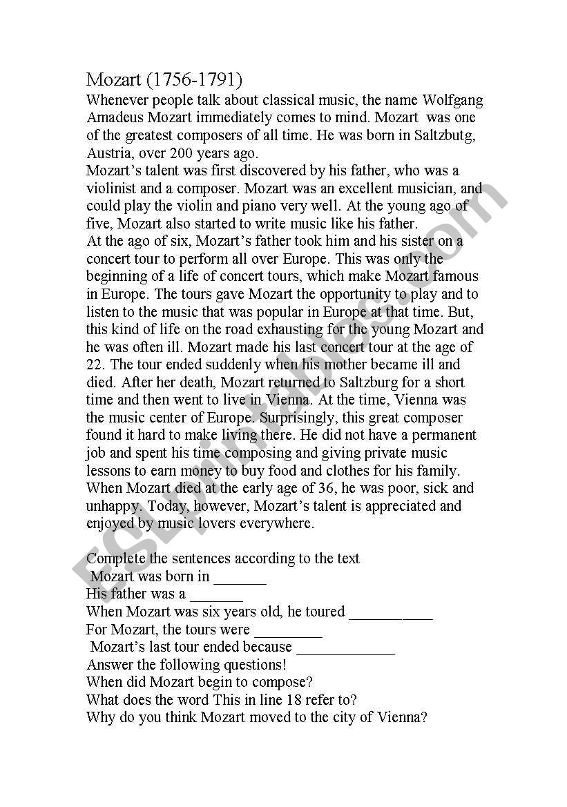 Mozart text for 6th grade worksheet