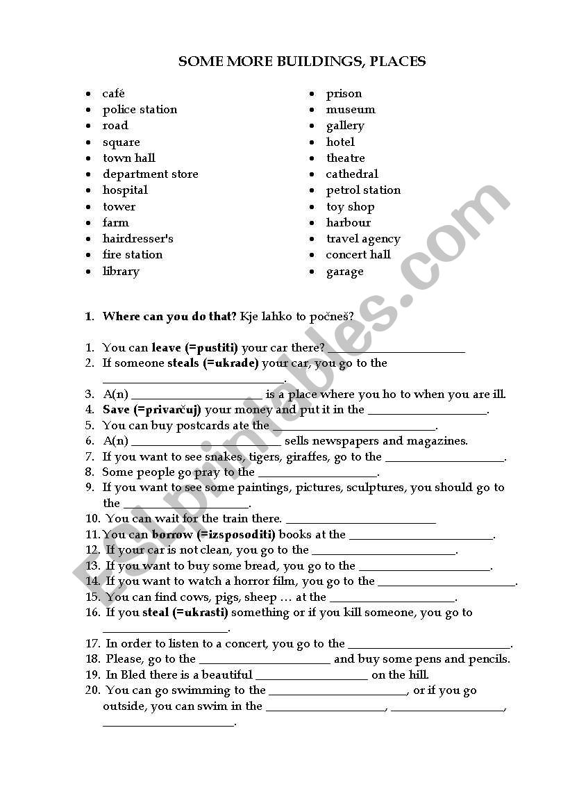 places in a town worksheet
