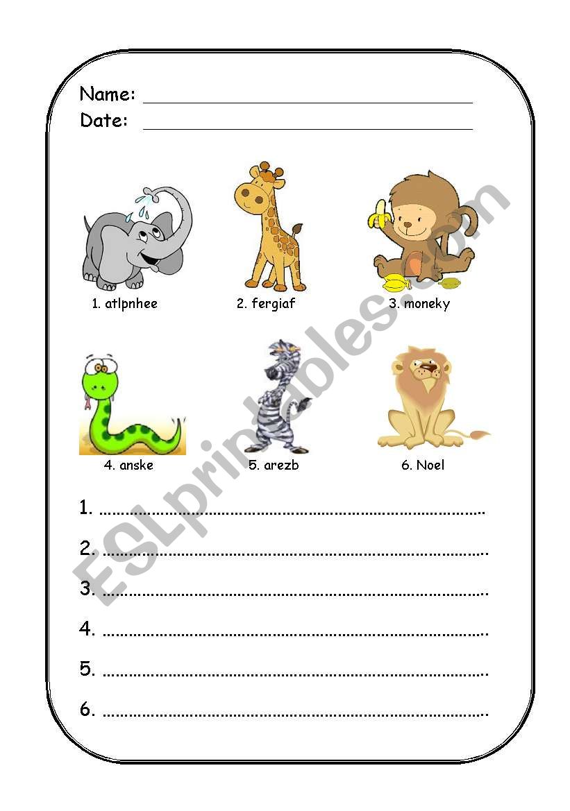 Unscramble animals worksheet