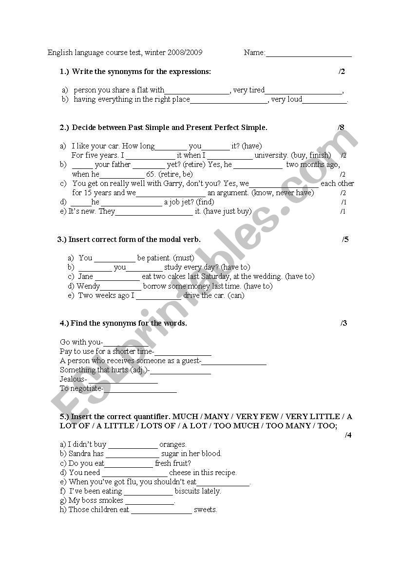 Grammar, vocabulary test worksheet