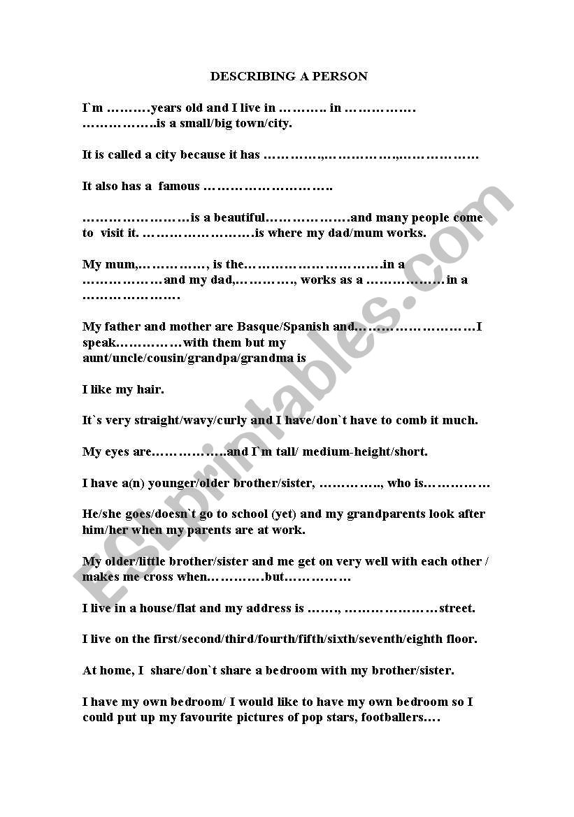 describing a person worksheet