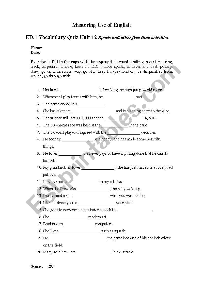 Vocabulary quiz Sports and other free time activities