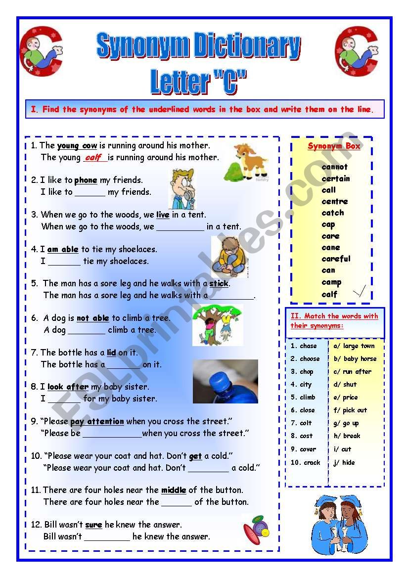 Synonym Dictionary, Letter C worksheet