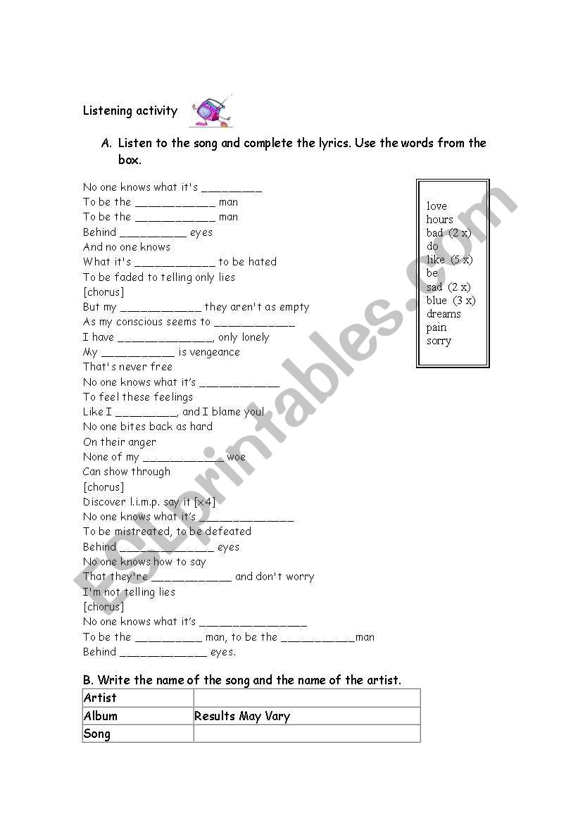 behind blue eyes worksheet