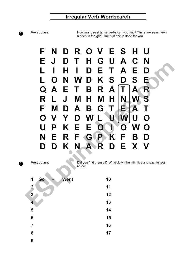 Verb wordsearch worksheet