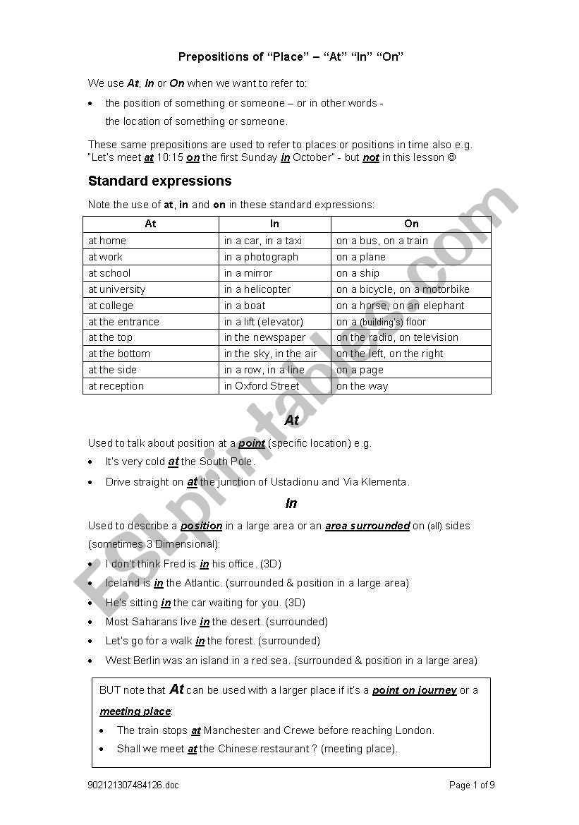 Prepositions of Place  worksheet