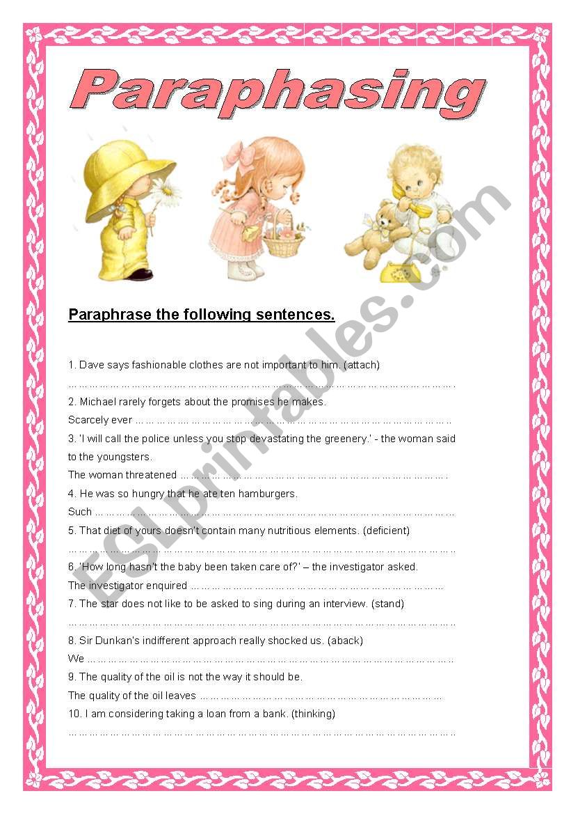 Paraphrasing the sentences worksheet